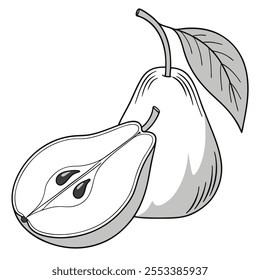 Monochromatic pear illustration - minimalist fruit art, black and white pear design, botanical artwork, simple fruit drawing