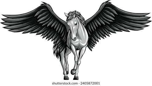 monochromatic Pegasus Flying Horse. Majestic Pegasus Cartoon Vector Logo Mascot