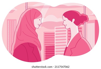Monochromatic pink composition with two cheerful business women. Multicultural team with Muslim business woman in hijab. Window overlooking skyscrapers.