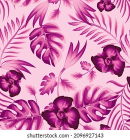 monochromatic pink Flower and leaves tropical exotic seamless pattern colorful fabric texture print repeated. Exotic monstera fern leaf elements, palm foliage and branches on light background. summer