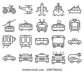 Monochromatic pixel icons set of some transport facilities 