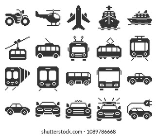 Monochromatic pixel icons set of some transport facilities 