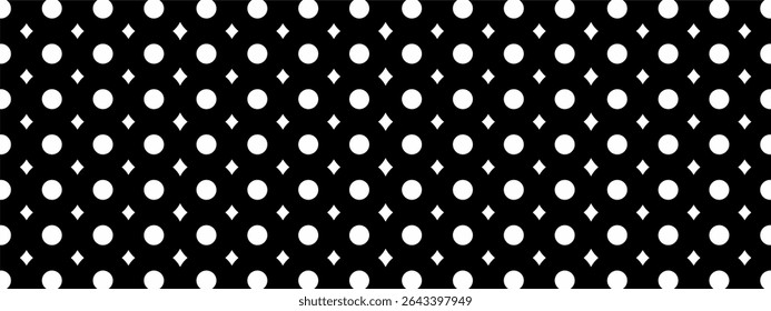 A monochromatic polka dot pattern on a black background. White circles are arranged in horizontal rows, and in between these rows, smaller white diamond shapes are interspersed.