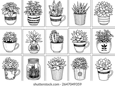 Plantas em vaso monocromáticas e suculentas em vários vasos Coleção Botânica Whimsical Ilustrações Detalhadas Line Art