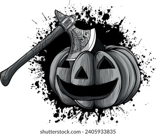 monochromatic pumpkin with ax on white background
