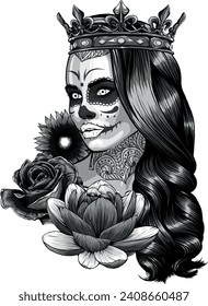 monochromatic queen with crown and vintage flower