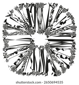 Monochromatic radial icon. Cataclysmic burst symbol. Textured brushstroke Vector. Expressive geometrical composition.