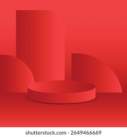 Uma cena vermelha monocromática apresenta uma plataforma circular central, flanqueada por formas geométricas, banhada em luz suave e difusa, criando uma apresentação minimalista e abstrata.