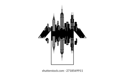 A monochromatic rendering features a mirrored cityscape reflected within a square frame. The design combines architectural elements with abstract symmetry, creating a visually striking piece of art,