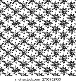 Um padrão monocromático e repetitivo de flores pretas em forma de estrela com pétalas curvas cobre uma superfície branca. O design exibe um arranjo denso, intrincado e simétrico, sugerindo 