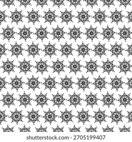 Um padrão monocromático e repetitivo de formas geométricas detalhadas, semelhantes a estrelas, que lembram flocos de neve. O design é densamente embalado, criando uma textura visualmente complexa e abstrata.
