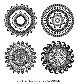 Monochromatic round abstract ethnic ornament mandalas. Based on old greek, arabic and turkish motifs. For textile, invitations, banners and other