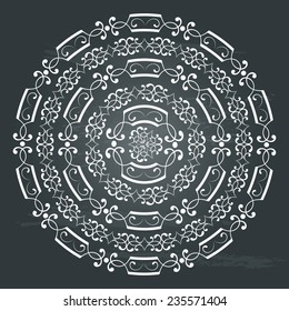 Monochromatic round texture on chalkboard background. Isolated vintage pattern background. Most popular round borders. Vector illustration in white 