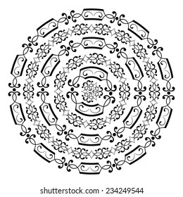 Monochromatic round texture on white. Isolated vintage pattern background. Most popular round borders. Vector illustration in black and white colors 