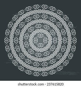Monochromatic round texture in white color on chalkboard background. Isolated vintage pattern. Most popular borders. Vector illustration. 