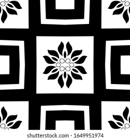 Monochromatic seamless black and white geometric pattern. Repeating modern tiling, wrappping papers, wallpapers etc. Black and white background with fancy elements. 