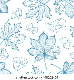 Monochromatic seamless botanical pattern. Outline leaves with geometrical elements vector hand drawn background. 