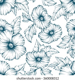 Monochromatic seamless floral pattern. Outline mallow flowers hand drawn background. 