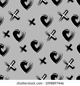 Monochromatic seamless pattern design with grungy hearts and crosses