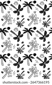 Monochromatic seamless pattern featuring abstract palm trees, waves, and sun in a playful, hand-drawn style