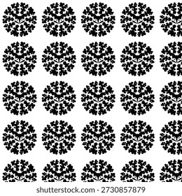 A monochromatic seamless pattern featuring symmetrical, circular fractal or stylized clover designs that form a bat or fox silhouette in the center of each motif, suitable for various decorative applications.