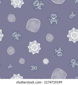Monochromatic seamless pattern with Teddy bear on lilac background. For design, textile, wrapping, baby shower, print.