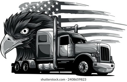 monochromatic semi truck with american flag and eagle head