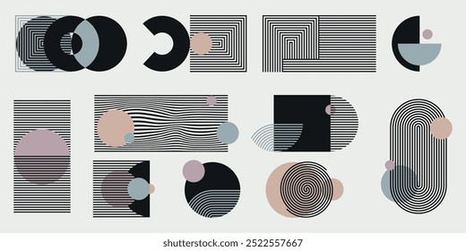 Um conjunto monocromático de elementos abstratos com um sotaque colorido. Formas listradas geométricas, linhas finas minimalistas, arcos, elipses, quadrados. Ilustração vetorial.