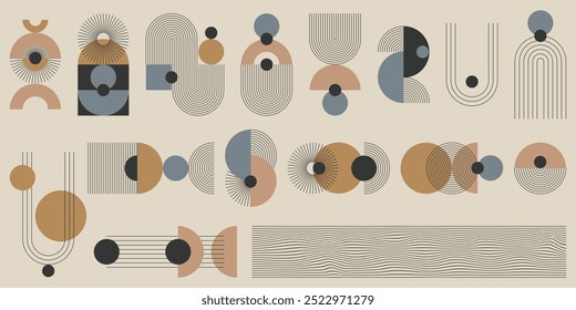 Ein monochromatischer Satz abstrakter Elemente mit einem bunten Akzent. Geometrische gestreifte Formen, minimalistische dünne Linien, Bögen, Ellipsen, Quadrate. Vektorgrafik.