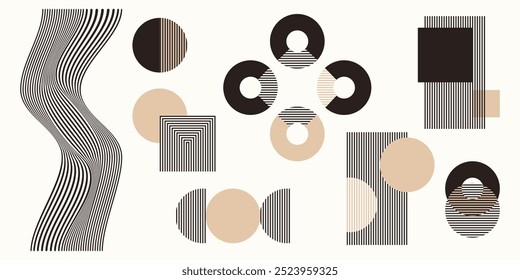 Um conjunto monocromático de elementos abstratos com um sotaque colorido. Formas listradas geométricas, linhas finas minimalistas, arcos, elipses, quadrados. Ilustração vetorial.