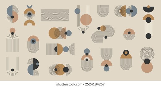 Um conjunto monocromático de elementos abstratos com um sotaque colorido. Formas listradas geométricas, linhas finas minimalistas, arcos, elipses, quadrados. Ilustração vetorial.