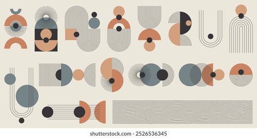 Um conjunto monocromático de elementos abstratos com um sotaque colorido. Formas listradas geométricas, linhas finas minimalistas, arcos, elipses, quadrados. Ilustração vetorial.