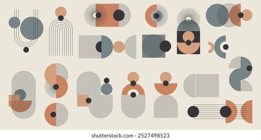 Un conjunto monocromático de Elementos abstractos con un acento colorido. Formas geométricas a rayas, líneas finas minimalistas, arcos, elipses, cuadrados. Ilustración vectorial.