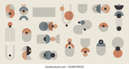 Un conjunto monocromático de Elementos abstractos con un acento colorido. Formas geométricas a rayas, líneas finas minimalistas, arcos, elipses, cuadrados. Ilustración vectorial.