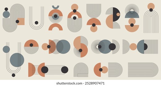 Un conjunto monocromático de Elementos abstractos con un acento colorido. Formas geométricas a rayas, líneas finas minimalistas, arcos, elipses, cuadrados. Ilustración vectorial.