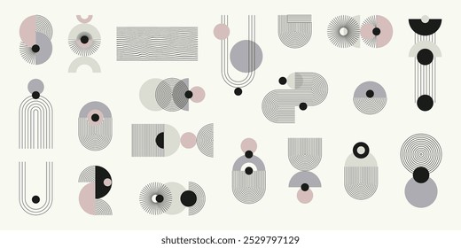 Um conjunto monocromático de elementos abstratos com um sotaque colorido. Formas listradas geométricas, linhas finas minimalistas, arcos, elipses, quadrados. Ilustração vetorial.