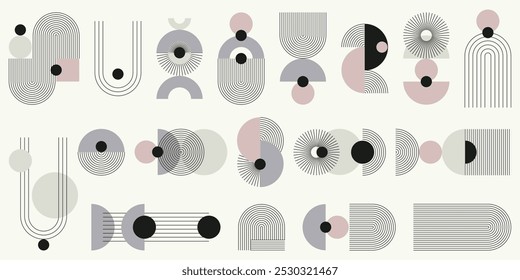 A monochromatic set of abstract elements with a colorful accent. Geometric striped shapes, minimalist thin lines, arcs, ellipses, squares. Vector illustration.