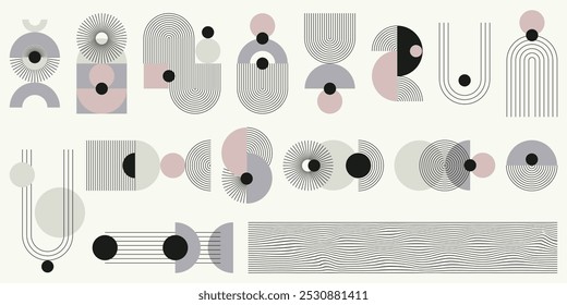 Um conjunto monocromático de elementos abstratos com um sotaque colorido. Formas listradas geométricas, linhas finas minimalistas, arcos, elipses, quadrados. Ilustração vetorial.