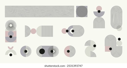 Um conjunto monocromático de elementos abstratos com um sotaque colorido. Formas listradas geométricas, linhas finas minimalistas, arcos, elipses, quadrados. Ilustração vetorial.