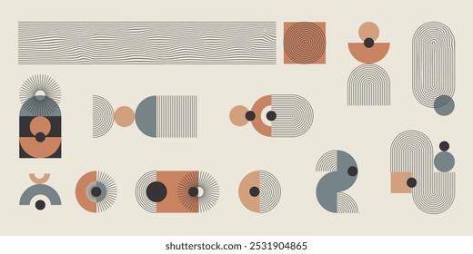 Um conjunto monocromático de elementos abstratos com um sotaque colorido. Formas listradas geométricas, linhas finas minimalistas, arcos, elipses, quadrados. Ilustração vetorial.