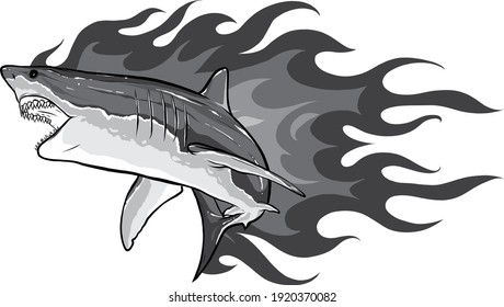 monochromatic shark with flames for tattoo or mascot design, such a logo template.