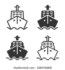 Monochromatic ship icon in different variants: line, solid, pixel, etc.