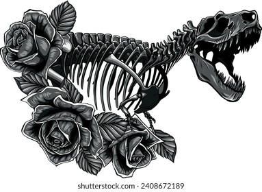 monochromatic skeleton of Dinosaur Tyrannosaurus Rex with roses and leaves