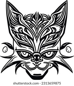 In a monochromatic sketch, a white and black cat's face is transformed into an ethereal tribal design, blending graceful curves and bold symbols that pay homage to its mystical aura.