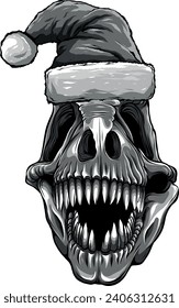 monochromatic skull of dinosaur in Santa Claus hat, vector elements