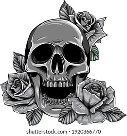 monochromatic Skull with flowers, with roses. Drawing by hand. Illustration