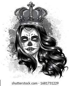 monocromática chica de cráneo con corona. Diseño de ilustración de vector