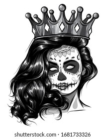 monochromatic Skull girl with a crown. Vector illustration design
