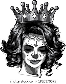 monochromatic Skull girl with a crown. Vector illustration design