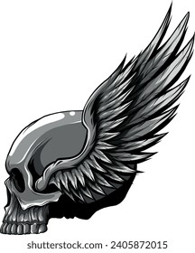 monochromatic Skull head with wings mascot design